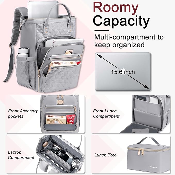 Weitars Lunch Backpack For Women,15.6 Inch Laptop Backpacks For Womens Back pack, Travel Backpacks,Work Backpack For Women (Gray)