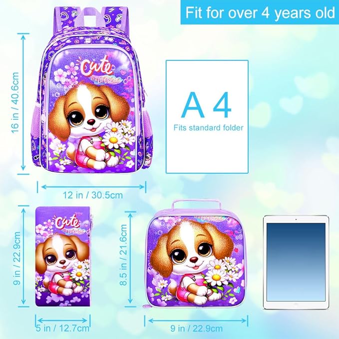 16" Girls Backpack, 3Pcs Dog School Bookbag with Lunch Box, Kids Backpacks for Elementary Preschool Kindergarten(Purple)