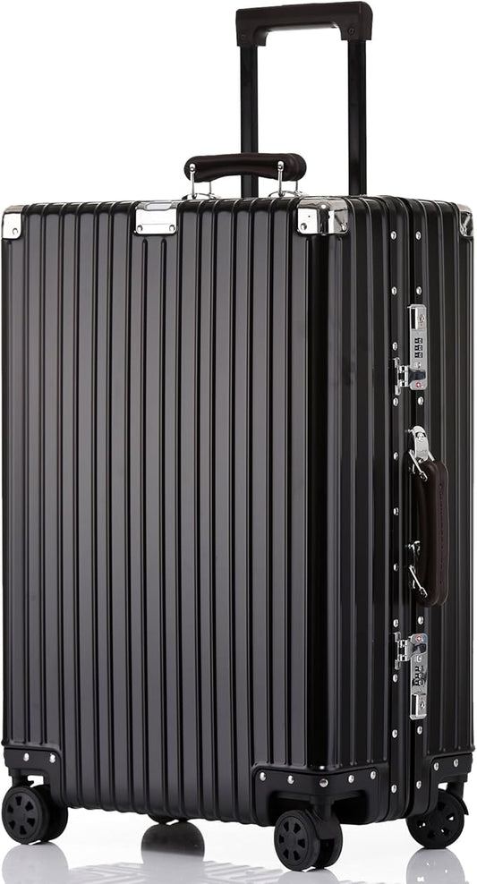 HotWay 28 Inch All Aluminum Checked in Luggage with Leather Handle, Hard Shell Zipperless Suitcase with TSA Locks and Spinner Wheels, Large Luggage for Business Travel, Black