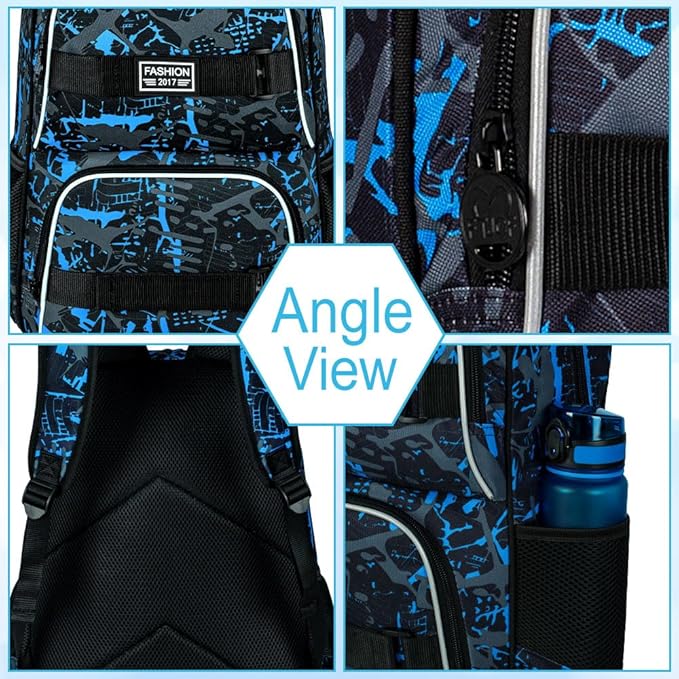 17 Inches Backpack for Boys Men, 3Pcs College Laptop Backpacks with Lunch Bag, Water Resistant Graffiti School Bookbag Set for Teens Students(Blue)