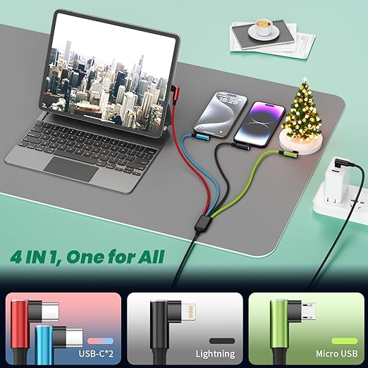 Travel Essentials USB C Multi Charging Cable 2Pack 5FT, Right Angle 4 in 1 Charging Cable, USB Cable Phone Charger with IP/Type C/Type C/Micro Port, Compatible with Most Cell Phones/Tablets and More