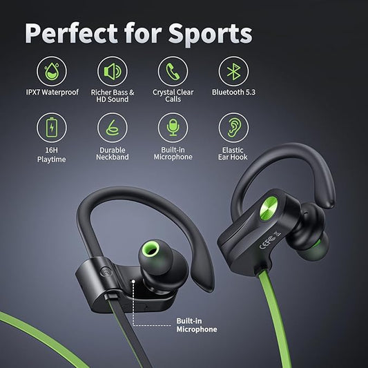 JOYWISE Bluetooth Headphones, Wireless Earbuds IPX7 Waterproof Bluetooth 5.3 Headphones with 16Hrs Playtime Stereo Bass Headsets with Mic Running Headsets with Earhooks for Sports Running Workout
