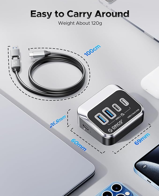 ORICO USB Hub 10Gbps with 2 USB A Ports+2 USB C Ports, USB 3.2 Gen 2 Hub with 3.28Ft USB-C-A/C Cable USB Splitter for iMac, MacBooks, Mac mini