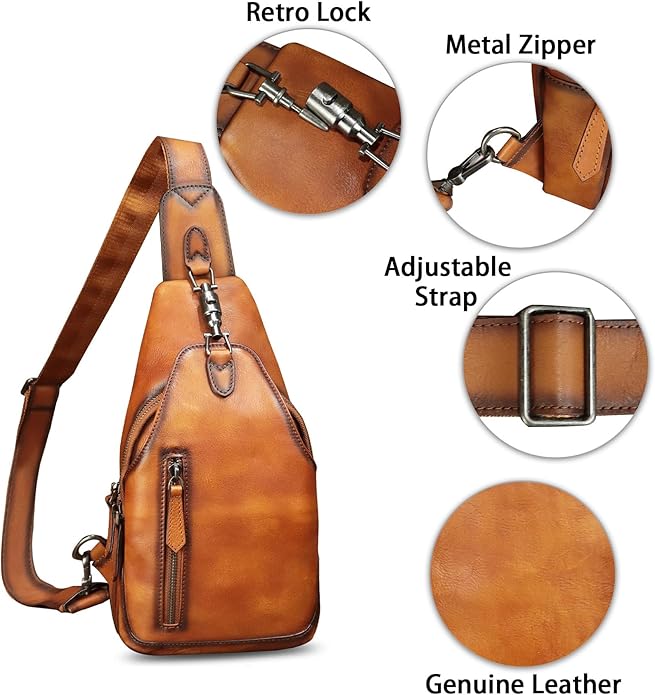 Genuine Leather Sling Bag for Women and Men Vintage Handmade Leather Sling Backpack Fashion Crossbody Bag Chest Purse