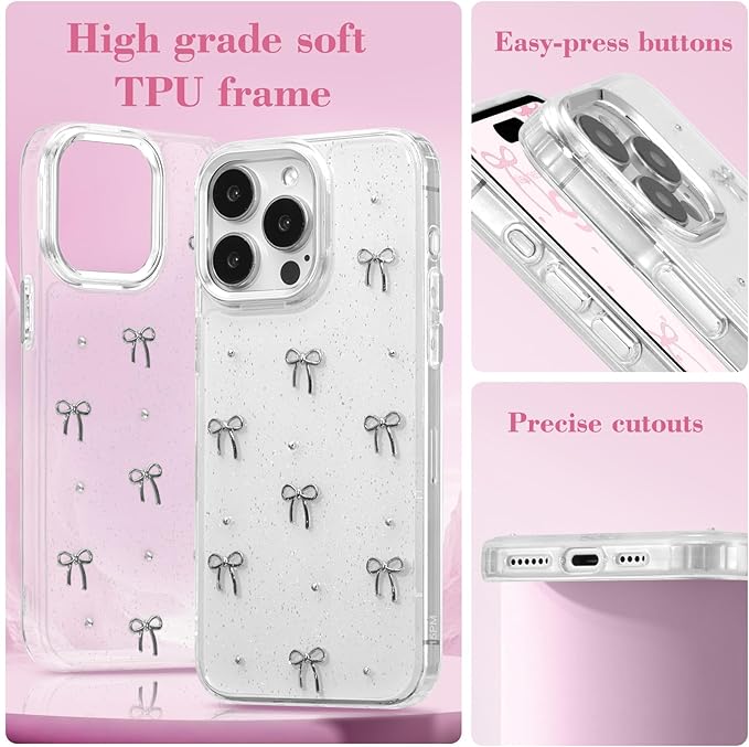 EYZUTAK Case for iPhone 15 Pro Max, Bling Glitter 3D Bowknot Phone Case Cute Sparkly Crystal Clear Bow Aesthetic Design Case Slim Soft Durable TPU Transparent Protective Cover for Women Girls - Bow