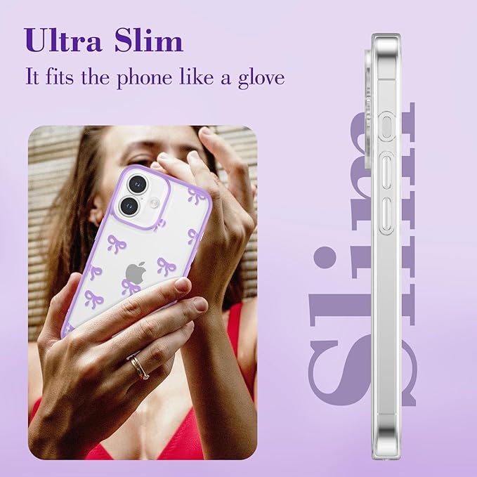 EYZUTAK Case for iPhone 16, Clear Cute Ribbon Bowknot Pattern Aesthetic Transparent Phone Case Raised Camera Protection Stylish Slim Soft Durable TPU Protective Cover for Women Girls - Purple