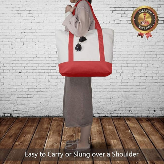 TOPDesign 1-Pack Canvas Tote Bag with an External Pocket, Reusable Grocery Shopping Bag, Top Zipper Closure, Daily Essentials (Red/Natural)