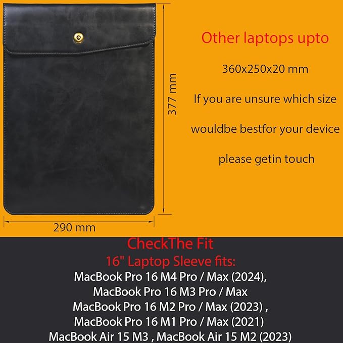 Genuine Leather Laptop Sleeve for MacBook Pro 16 Inch M4 M3 M2 M1 Pro/Max＆MacBook Air 15 Inch M4 M3 M2,Durable Waterproof Vertical Laptops Bag for 15-16 Inch Notebook Computer Cover,Black