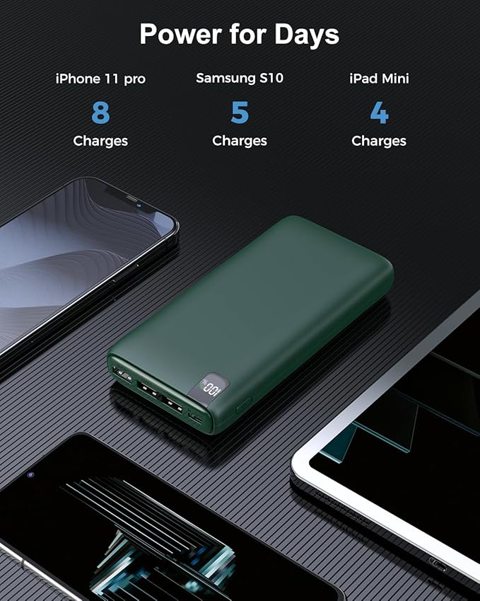 IXNINE Power Bank 26800mAh Portable Charger, 22.5W Fast Charging PD QC 3.0 Compact External Battery Pack with LED Display and 4 USB Outputs for Cellphone Tablet (Green)