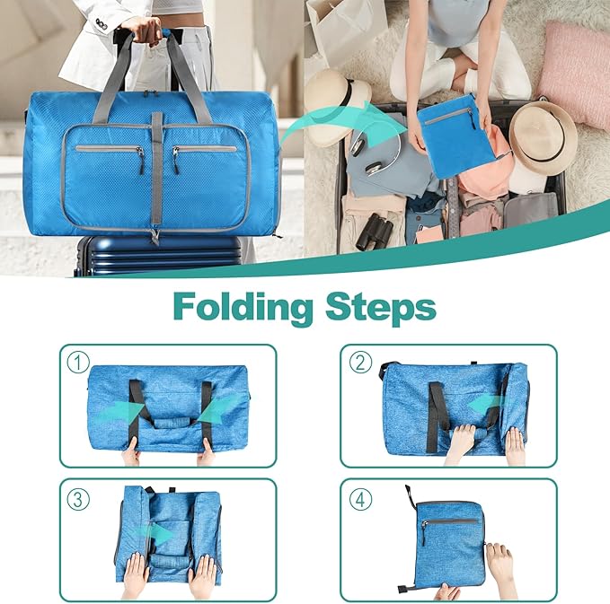 Dimayar Travel Duffle Bag for Men Women - Foldable Duffel Bag with Shoes Compartment - Overnight Bags Waterproof & Tear Resistant(40L,Light Blue)