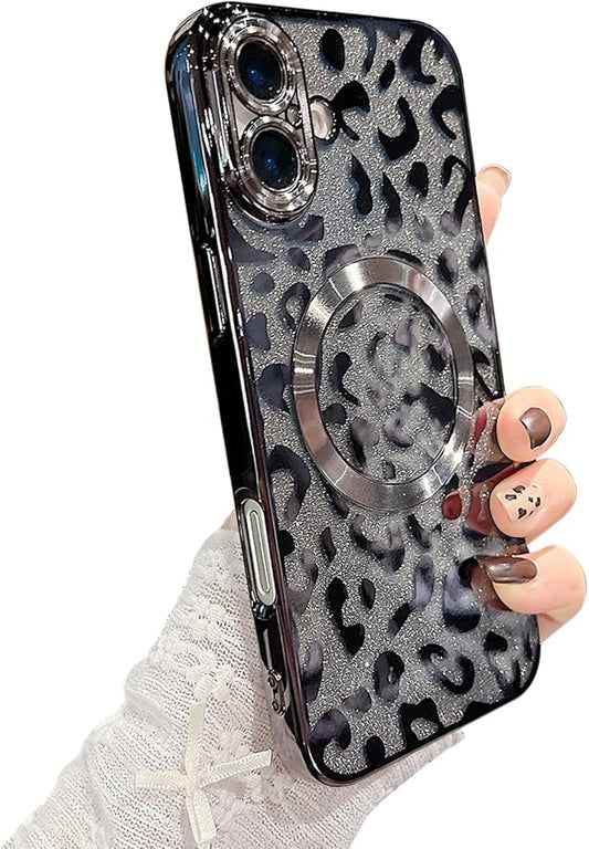 for iPhone 16 Case Magnetic,Soft Cute Luxury Leopard Cheetah Pattern Plating Glitter Bling Phone Case Compatible with MagSafe Clear Shockproof Back Cover for Women Girl 6.1"-Black