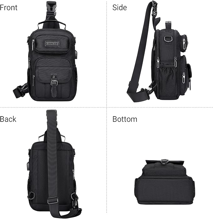 WITZMAN Sling Bag for Men Convertible Travel Sling Backpack USB Charging Port Lightweight Crossbody Bags Casual Daypack（B698 Black）