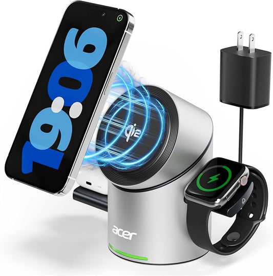 Acer 3 in 1 Charging Station for Apple - Qi2 15W iPhone Wireless Charging Station, Magsafe Charger Stand for iPhone 16 15 14 13 12 - Apple Watch - Airpods Series (Charger & USB-C Included)