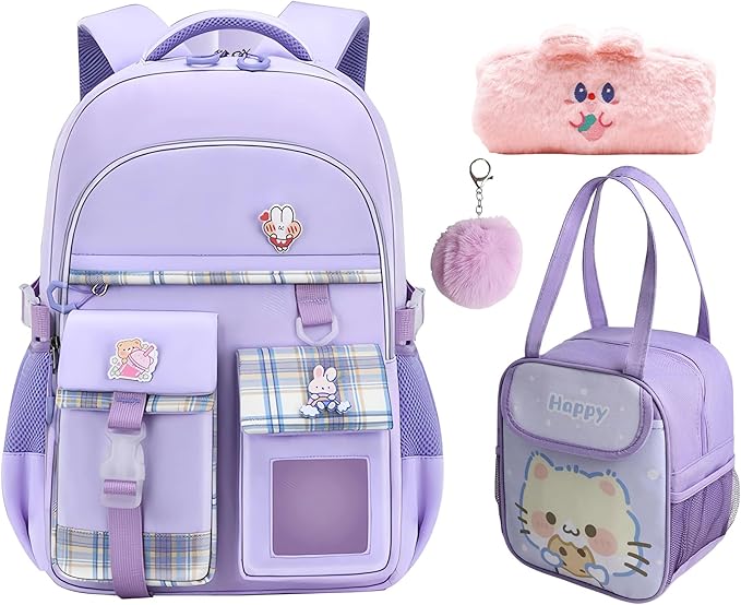 Girl Backpack for School Kids, Pink Cute Bookbag with Lunch Box Rainbow Elementary School Bag Pencil Case (Purple,3Pcs Set)