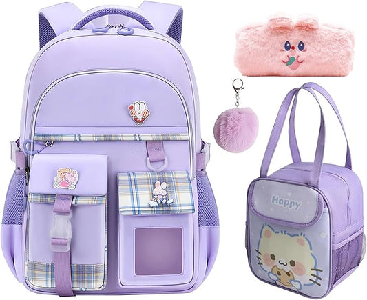 Girl Backpack for School Kids, Pink Cute Bookbag with Lunch Box Rainbow Elementary School Bag Pencil Case (Purple,3Pcs Set)