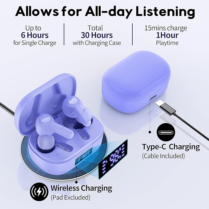 MOZOTER Bluetooth 5.3 Wireless Earbuds,Deep Bass Loud Sound Clear Call Noise Cancelling with Microphones in-Ear Headphones with Wireless Charging Case Compatible for iPhone Android,Work-Purple