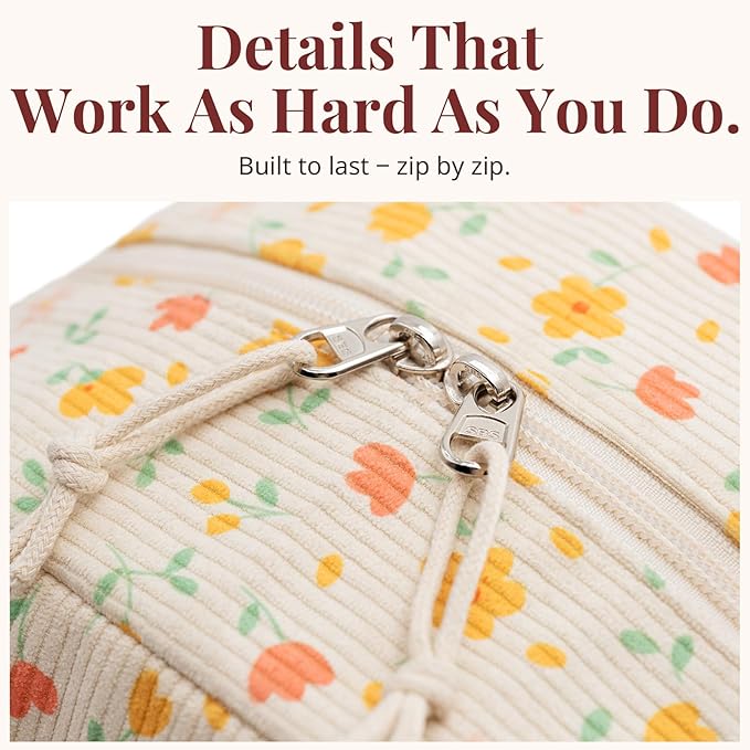 Insulated Yellow Floral Lunch Bag for Women, Stylish Corduroy Tote with Aluminum Lining, Large Capacity Reusable Cooler for Work, Travel, Beach or Picnic, Floral Water-Resistant Lunch Box