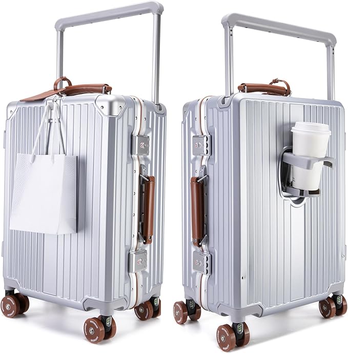 feilario 20" Aluminum Frame Wide Handle Hard Shell Carry On Suitcase - Vivid Colors Double Spinner Wheels Airline Approved Rolling Luggage with TSA Lock & Cup Holder (Silver, 20in)