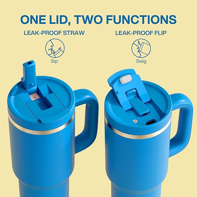 40 oz Tumbler with Handle and Straw: Stainless Steel Insulated Tumbler Keeps Cold for 24 Hours, Leakproof Travel Cup Fits in Cup Holder and BPA-Free, Celtic Blue