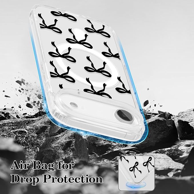 UEEBAI Magnetic for iPhone Air Case, Bow Case Compatible with MagSafe, Wireless Slim Clear Ribbon Aesthetic Phone Cover Anti-Yellowing Shockproof Protective Cover for Women Girl - Black