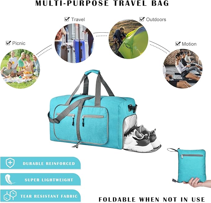 Dimayar 115L Travel Duffle Bag for Men Women - Foldable Duffel Bag with Shoes Compartment - Overnight Bags Waterproof & Tear Resistant(Mint Green)