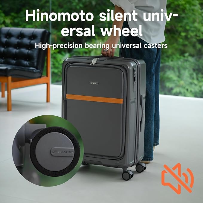 ROAMING Expandable 24-Inch Checked Luggage with Mute Brake Wheels Airline Approved Hard Shell Suitcases with Front Pocket Top Opening Luggage with TSA Lock for Short Business Travel, Palm Grey