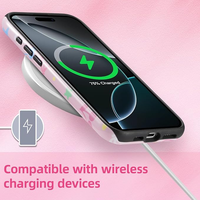 QLTYPRI Case for iPhone 15 Pro Max, Aesthetic Colorful Bow Cherry Stars Phone Case for Girls Women, Protective Hybrid 2-Layer Hard Shell Silicone Cover Durable Shockproof Phone Cover - Pink