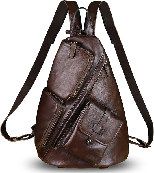 Genuine Leather Large Sling Bag for Men and Women Large Sling Backpack Purse Shoulder Crossbody Chest Bag for Ipad (Coffee)
