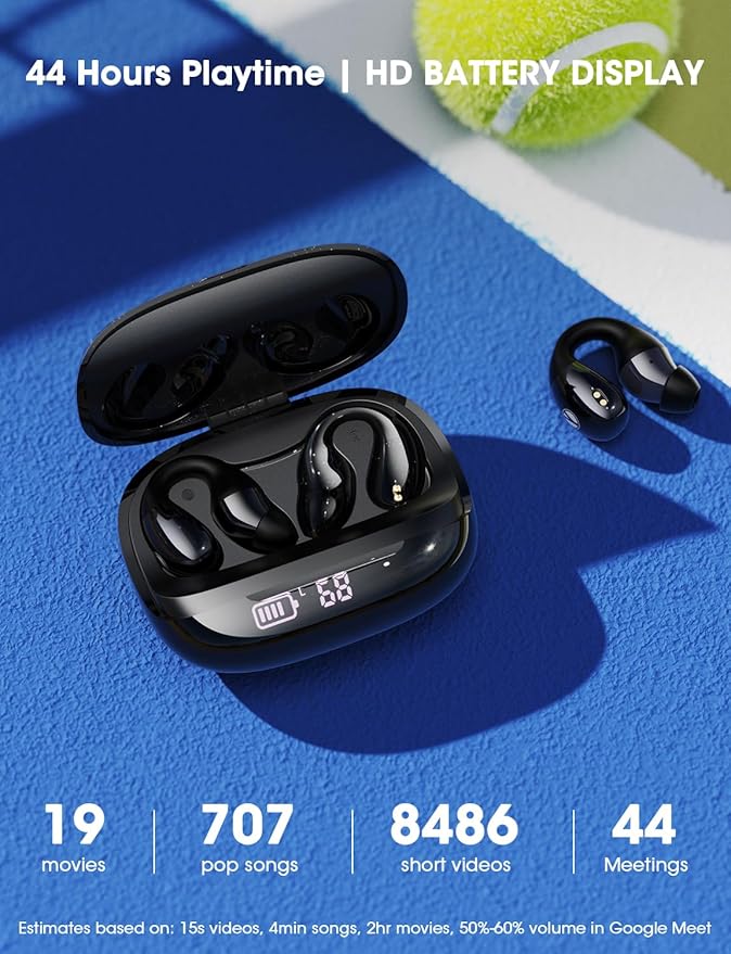 Clip on Earbuds, Open Ear Earbuds Wireless Bluetooth 5.4 with Mic, Open Ear Headphones with Charging Case LED Display, 44H Play, IP54 Waterproof, Lightweight Comfort for Running Sport Workout (Black)