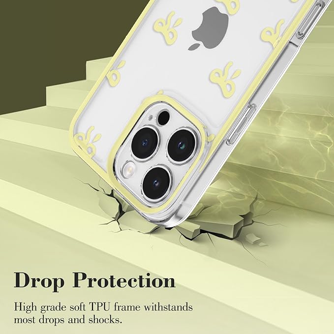 EYZUTAK Case for iPhone 16 Pro Max, Clear Cute Ribbon Bowknot Pattern Aesthetic Transparent Phone Case Raised Camera Protection Stylish Slim Soft Durable TPU Protective Cover for Women Girls - Yellow