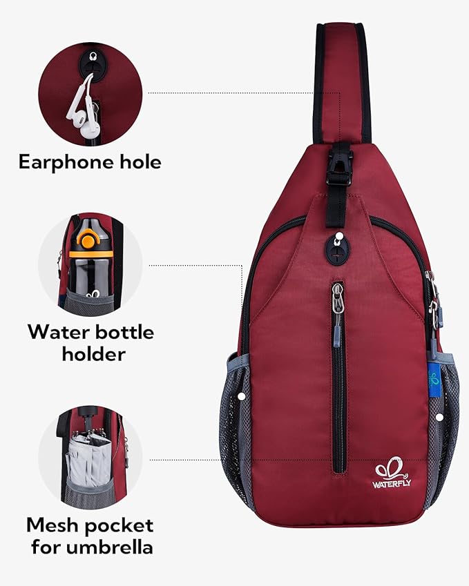 WATERFLY Crossbody Sling Backpack Sling Bag Travel Hiking Chest Bag Daypack (Dark Red)