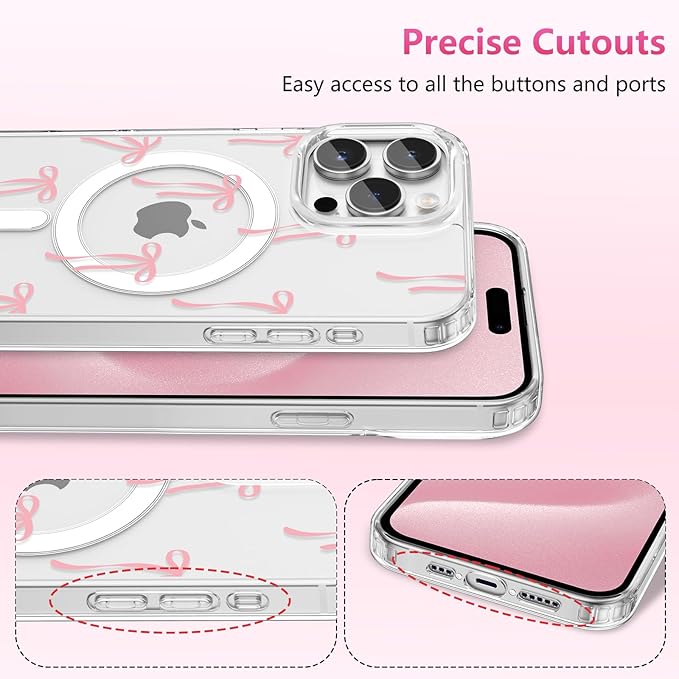 ZTOFERA for iPhone 15 Pro Max Magnetic Case Clear,Cute Love Heart Ribbon Bow Tie Aesthetic Phone Case,Transparent Trendy Slim Soft Shockproof Protective Phone Cover for Women Girls,Pastel Pink
