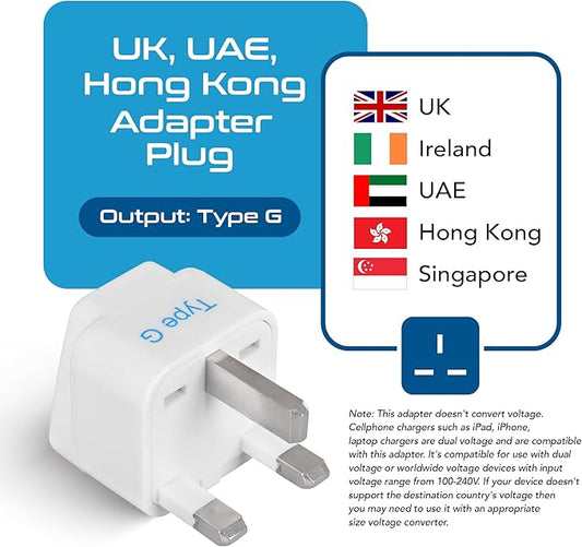 Ceptics UK, Hong Kong, Ireland, UAE Travel Plug Adapter (Type G) - 3 Pack [Grounded & Universal] (GP-7-3PK), White, Standard