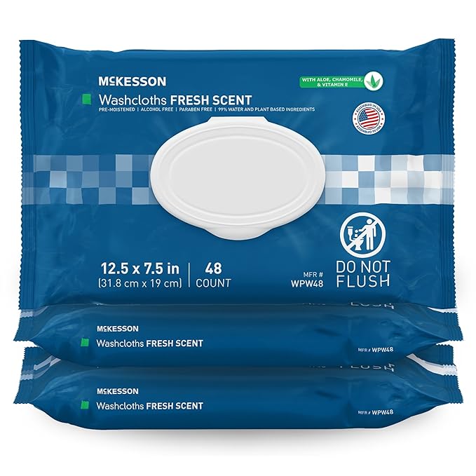 McKesson Washcloth Wipes for Adults, Scented (3 Pack, 144 Washcloths) Disposable Wash Cloths for Body - No-Rinse Formula with Snap Lid - Good for Incontinence and Elderly - 48 Wipes Per Pack
