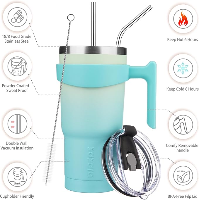 BJPKPK Tumbler With Handle 20 oz Stainless Steel Tumbler With Lid And Straw Insulated Coffee Cups,Mint