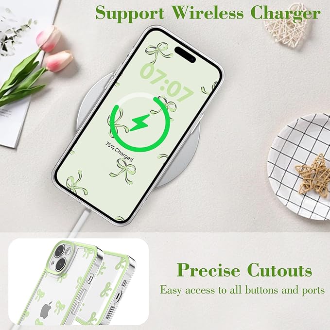 EYZUTAK Case for iPhone 13, Clear Cute Ribbon Bowknot Pattern Aesthetic Transparent Phone Case Raised Camera Protection Stylish Slim Soft Durable TPU Protective Cover for Women Girls - Green