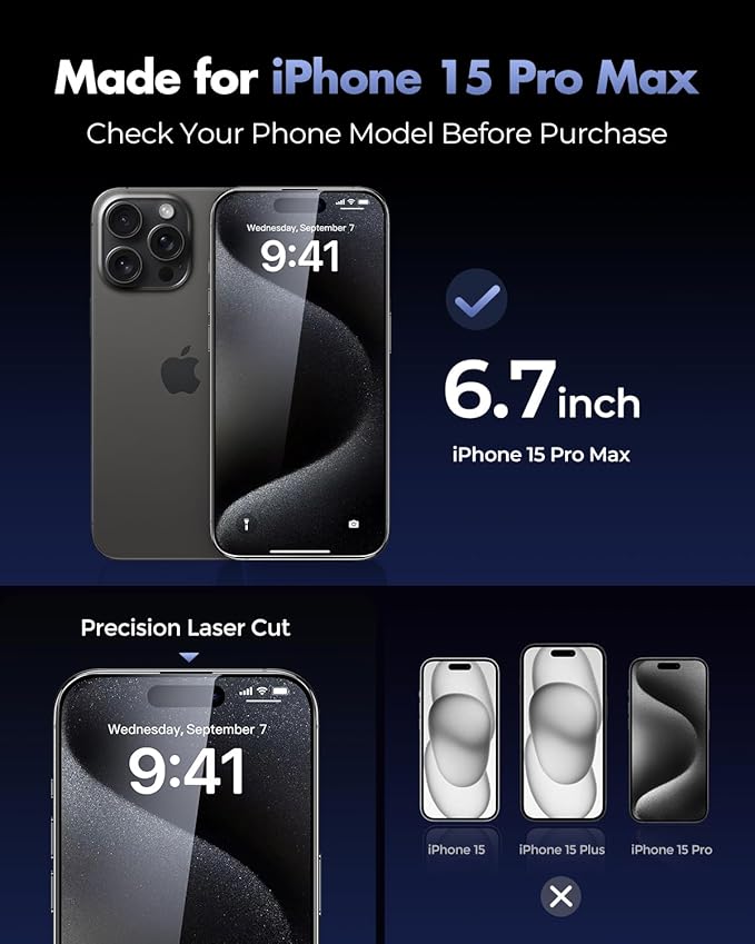 UNBREAKcable 3-Pack Screen Protector for iPhone 15 Pro Max Tempered Glass - [One-Pull Perfection] [Auto Dust-Elimination] [9H+ Hardness] [99.99% HD Clear] Full Coverage for iPhone 6.7 inch