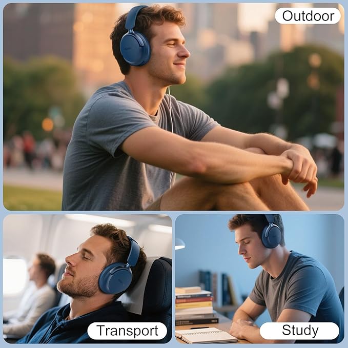 RORSOU B8 Bluetooth Headphones Over Ear, 6 EQ Music Modes and 50H Playtime Deep Bass Wireless Headphones with Mic, Lightweight Folding HiFi Stereo Headset for iPad/Travel/Tablet/PC/Home Blue