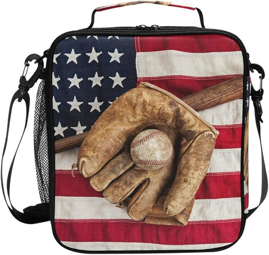 Lunch Box Bag Vintage Ball Baseball American Flag Lunchbox Insulated Thermal Cooler Ice Adjustable Shoulder Strap for Women Men Boys Girls