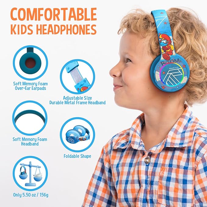 PowerLocus The Smurfs Kids Headphones, Bluetooth Headphones Over Ear for Kids with LED Lights, 74/85/94dB Volume Limited, Micro SD/TF, Foldable with Hi-Fi Stereo, Built-in Mic for School/Tablet/Travel