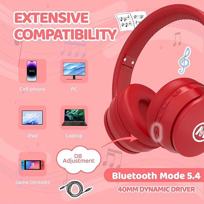 Headphones Kids Bluetooth 5.4 Wireless Play Time 68H Safe Volume Limit 85/94dB Over-Ear Foldable Headset,Fast Charging,with Aux Cord Built-in Mic for Toddler Child Pad Study Tablet Red