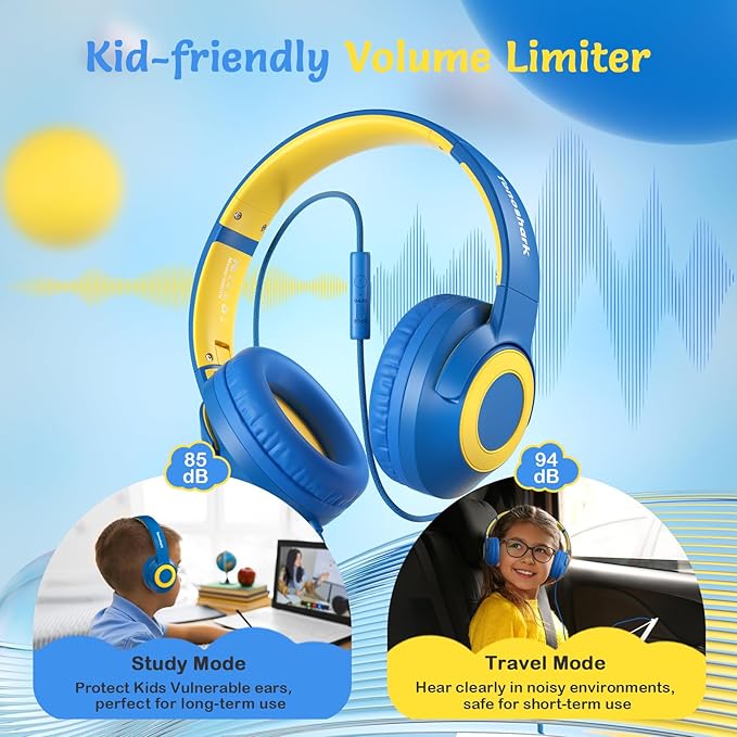 Kids Wired Headphones with Microphone, Volume Limited to 85/94dB Earphone for Boys & Girls, Foldable 3.5mm Jack Headset for School & Travel, Includes Portable Case
