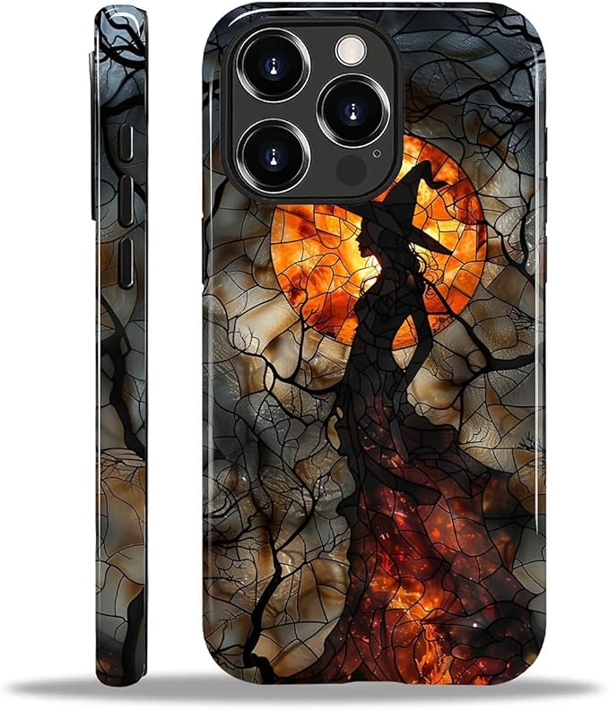 Case for iPhone 12 12 Pro Case,Halloween Witch Moon Stained Glass Design Hybrid Dual Protection Silicone + Hard PC Shockproof Full Body Cover,Slim Anti-Scratch Protective for Men Women
