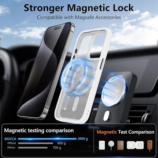 MOCCA Strong Magnetic for iPhone 15 Pro Case, [Compatible with Magsafe][13FT Military Drop Protection] Slim Translucent Matte Shockproof Case for iPhone 15 Pro Phone Case 6.1'', Frosted White