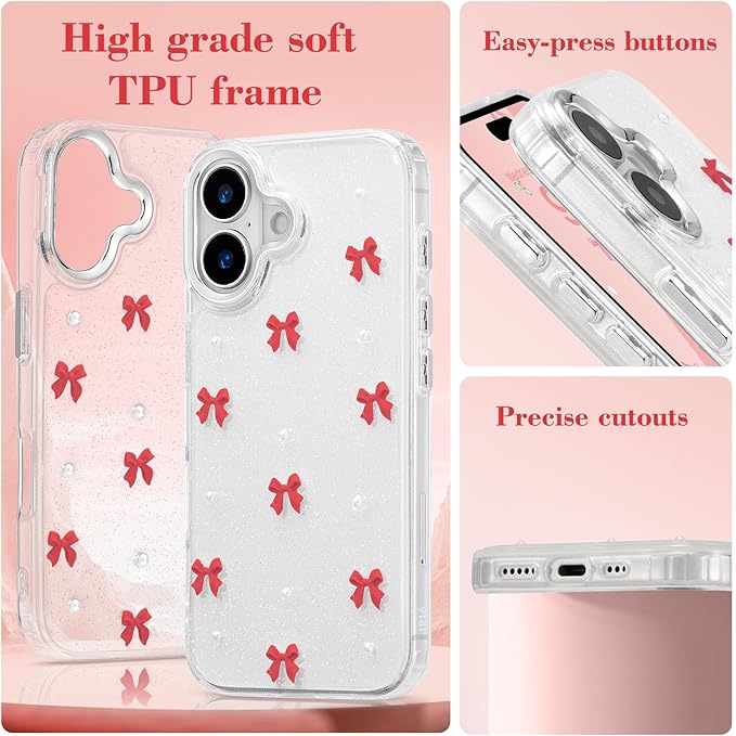 EYZUTAK Case for iPhone 16 Plus, Bling Glitter 3D Bowknot Phone Case Cute Sparkly Crystal Clear Bow Aesthetic Design Case Slim Soft Durable TPU Transparent Protective Cover for Women Girl - Red Bow