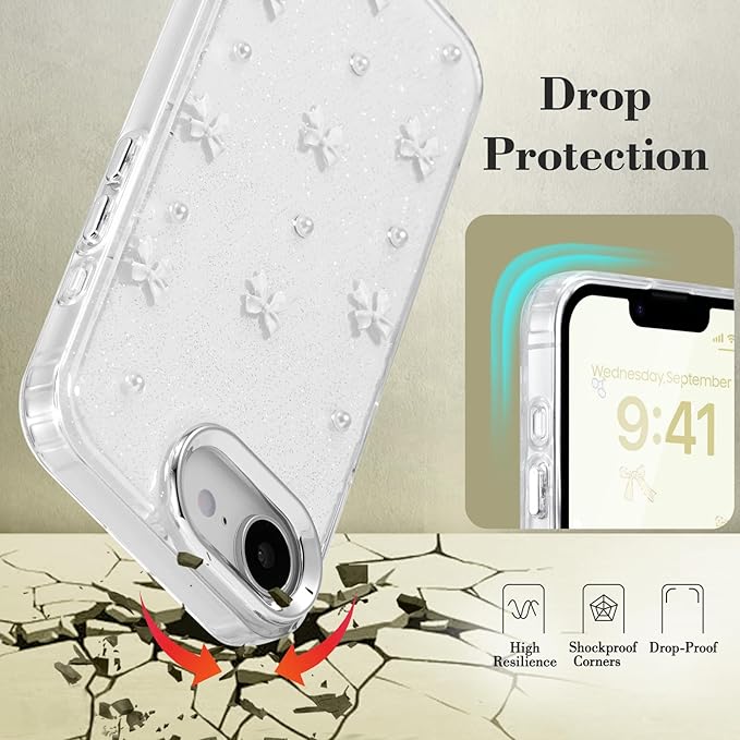 EYZUTAK Case for iPhone 16e, Bling Glitter 3D Bowknot Phone Case Cute Sparkly Crystal Clear Bow Aesthetic Design Cover Slim Soft Durable TPU Transparent Protective Cover for Women Girl - White Bow
