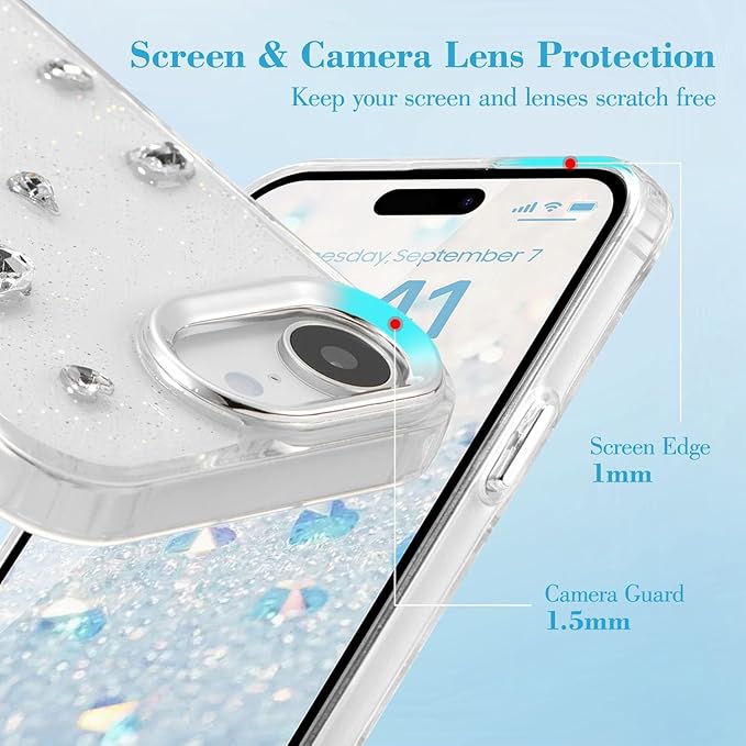 EYZUTAK Case for iPhone 16e, Bling Glitter 3D Diamond Phone Case Cute Sparkly Crystal Clear Aesthetic Design Cover Slim Soft Durable TPU Transparent Protective Cover for Women Girls - Crystal