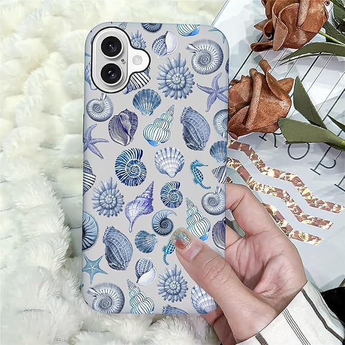 Case for iPhone 16,Summer Beachy Seashell for Woman Men Full Body Protective Cover Shockproof 2 in 1 Silicone + Hard PC Case for iPhone 16