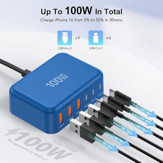 USB C Fast Charger, 100W GaN 6 Port Type C Charging Station Hub Block Cube, USB C Wall Charger Power Strip Adapter Plug for iPad iPhone 16 15 14 13 12 Pro Max Pixel Note Galaxy, 5ft Cord
