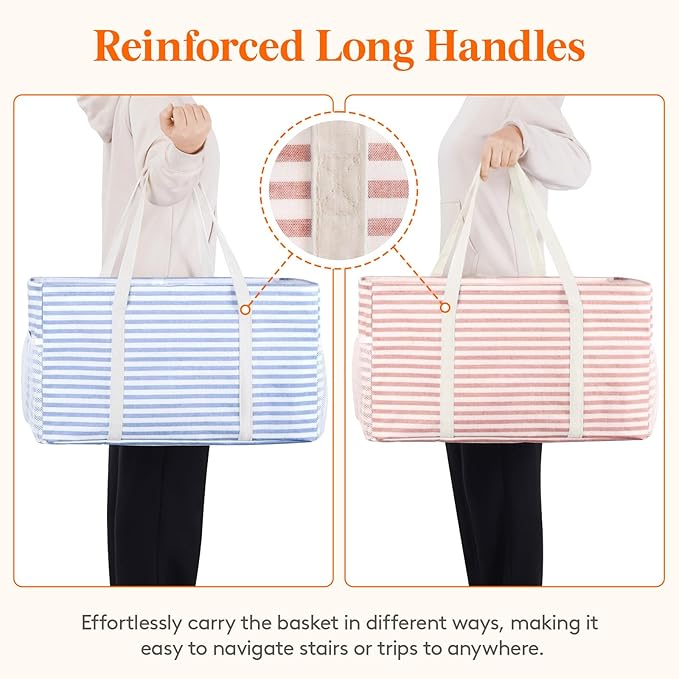 Lifewit Extra Large Tote Bag, Reusable Grocery Bags with Metal Wire Frame and Handles, Standing Utility Foldable Shopping Bags for Storage, Picnics, Beach, Pool, Laundry, Car 2 Packs 46L Blue and Pink